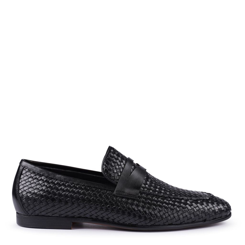 Mens Casual Shoes - Batsanis Lima Black Woven - Leather Penny Loafer